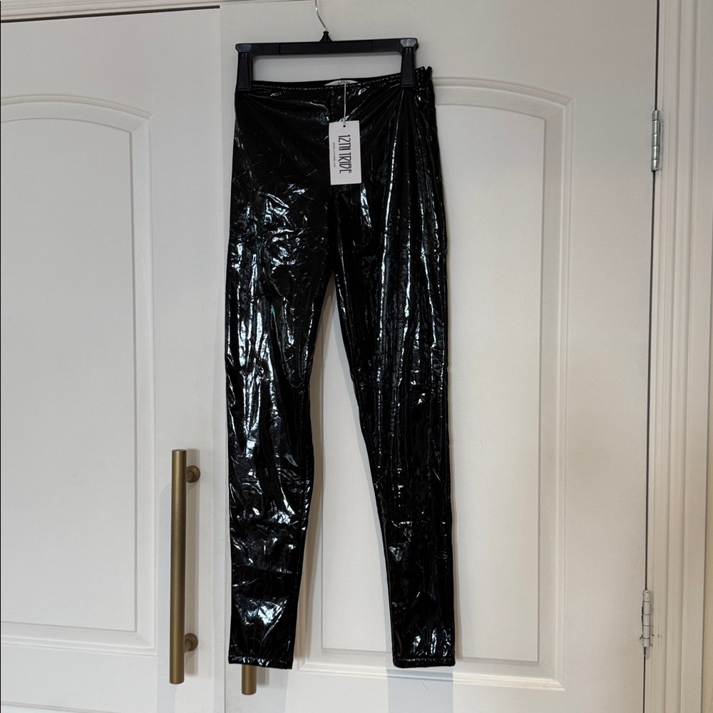 NEW 12th Tribe Black Shiny Leggings Black Faux Leather Patent Wet Look Moto